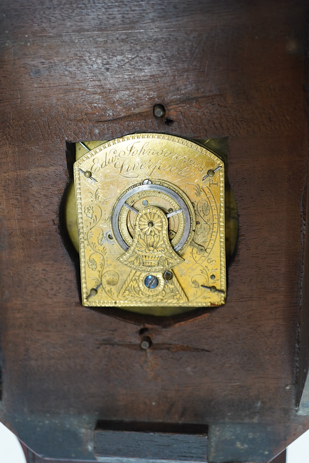 An unusual 19th century miniature drop dial timepiece, English movement signed Edw. Johnson, Liverpool, with pendulum, 25cm. Condition - poor, not tested as working